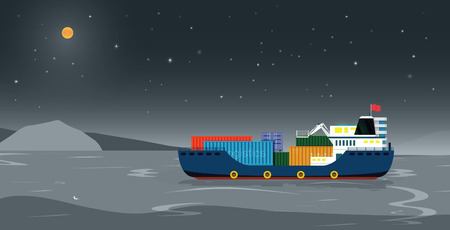 Sea transport ship at night with the moon. Vector illustration.のイラスト素材