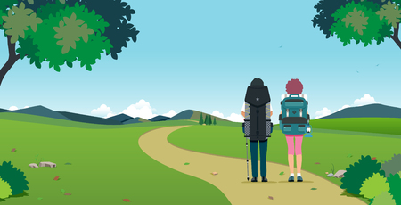 Male and female travelers have a backpack with a mountain backdrop.のイラスト素材