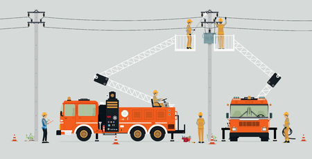 An electrician works on a basket with a gray background.のイラスト素材