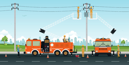 Electrician works on a basket crane with a city backdrop.のイラスト素材