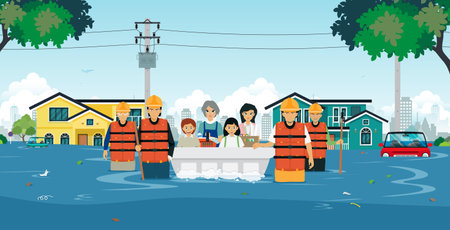 Flood rescue teams are helping children and women out of floods.のイラスト素材
