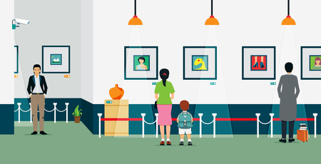 Artists display pictures in the showroom with the audience.のイラスト素材
