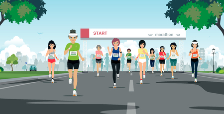Marathon runners are at the starting point at the city park.のイラスト素材