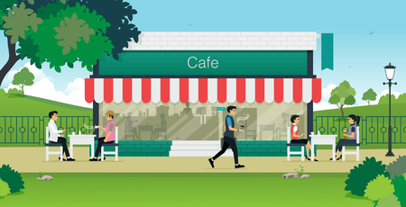 Men and women drink coffee at the cafe.のイラスト素材