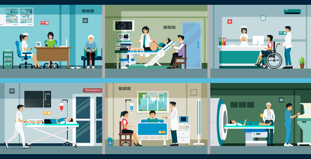 The doctors are treating and consulting patients in the hospital.のイラスト素材