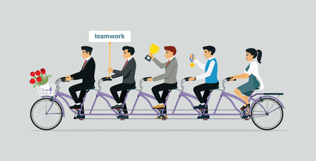 Teams of business people share a spinning Tandem bike ride with trophies.のイラスト素材