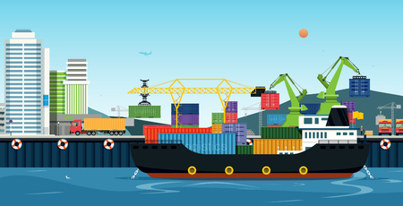 Cranes are moving containers from cargo ships.のイラスト素材
