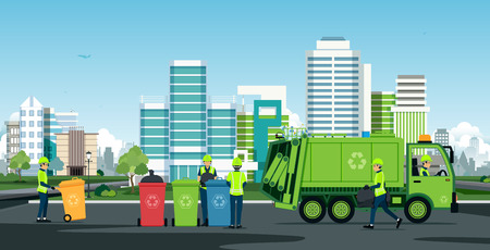 Workers are working with garbage trucks with backdrop buildings.のイラスト素材