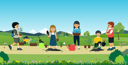 Children help to plant a tree with a backdrop.のイラスト素材