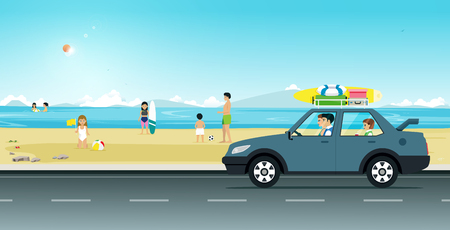 Families drive a luggage with surfboard to the beach.のイラスト素材