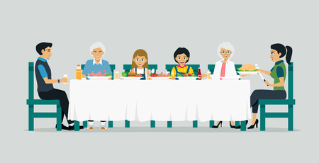 Family dining on the table with grandfather and grandmotherのイラスト素材