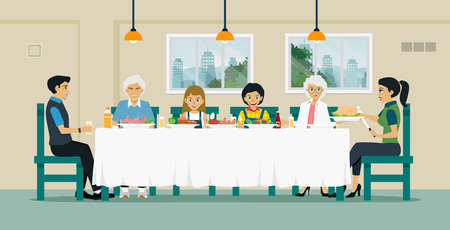 Families sit together to eat food on the table with grandfather and grandmother.のイラスト素材