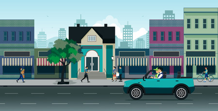 People drive in the city with shops on the street.のイラスト素材
