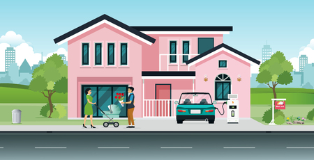 Husbands and wives with electric cars charging at homeのイラスト素材