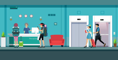 Tourists check in with receptionist at counter.のイラスト素材