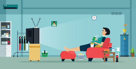 Fat women are watching television with food and drink.のイラスト素材