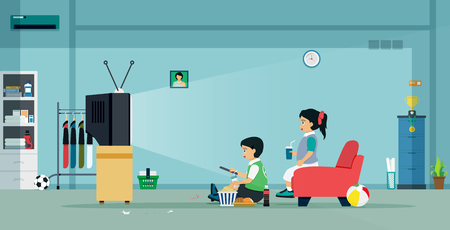 Boys and girls are watching TV in the house.のイラスト素材