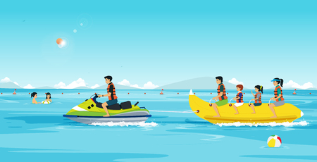 Families are playing Banana Boat and Jet Ski.のイラスト素材