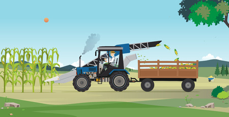 Farmers are harvesting agricultural products using machines.のイラスト素材