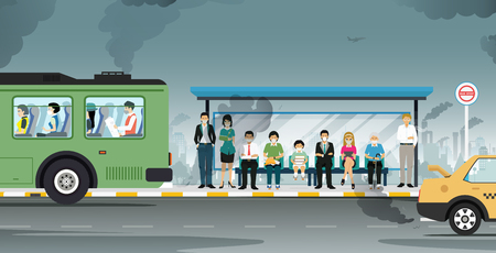 Cars are emitting air pollutants with masked people.のイラスト素材