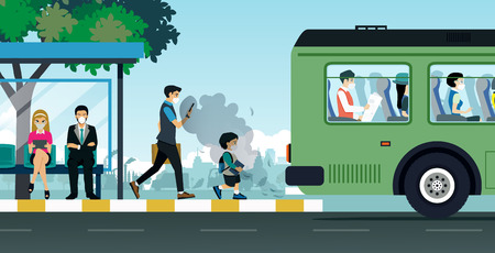 Children and adults wear masks to prevent pollution from cars.のイラスト素材