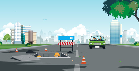 Families are driving through the streets where workers are repairing road pipes.のイラスト素材
