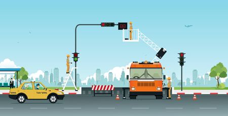 Taxis are passing through the traffic light repair point.のイラスト素材