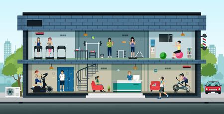 Women moving on sports equipment in fitness centersのイラスト素材