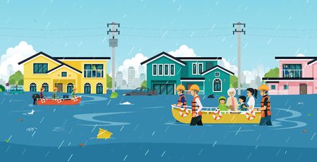 Rescuers are helping to move people out of flood areas.のイラスト素材