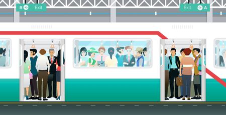 The subway train at the door is open and crowded with people.のイラスト素材