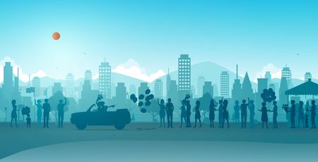 Couples drove off the wedding with many participants.のイラスト素材