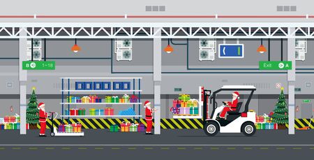 Santa Claus is organizing gift boxes for delivery in the warehouse.のイラスト素材