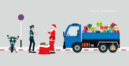 Santa gives police a driving license due to traffic violations.のイラスト素材