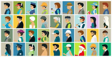 The faces of different types of workers on the side.のイラスト素材