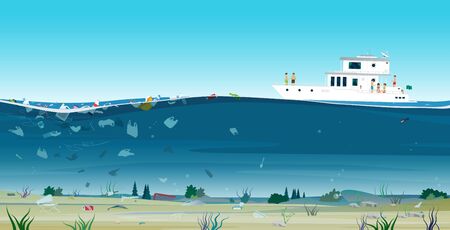 Plastic waste in the sea with tourists on a yacht.のイラスト素材