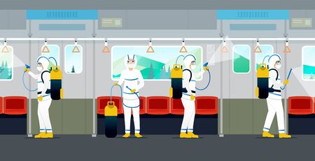 The medical team is spraying to kill viruses and bacteria on the electric train.のイラスト素材
