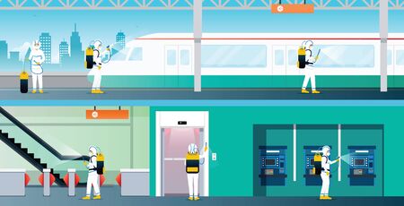 Medical specialist for disinfecting and cleaning station electric train.のイラスト素材