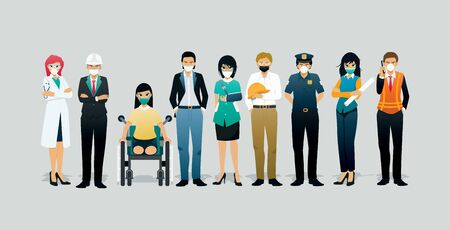Workers wear masks to protect against covid-19.のイラスト素材