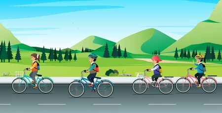 Children riding bicycles to school with a mountain in the background.のイラスト素材