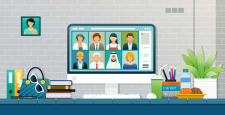 Male and female workers conducted an online meeting via video call.のイラスト素材