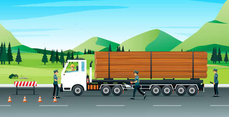 Log trucks stopped for police to check the accuracy and discipline of traffic.のイラスト素材