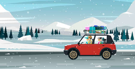 Parents take their children to travel during the snow season.のイラスト素材