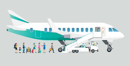 Air hostesses are allowing passengers to board the plane with a gray background.のイラスト素材