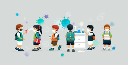 Students prevent Covit-19 infection by wearing a mask and washing their hands with alcohol gel.のイラスト素材
