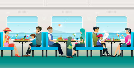 Parents and children are eating on the cruise ship.のイラスト素材