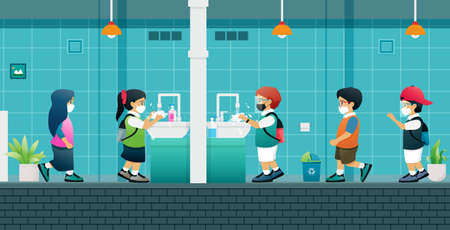 Students are washing their hands to prevent the spread of COVID-19.のイラスト素材
