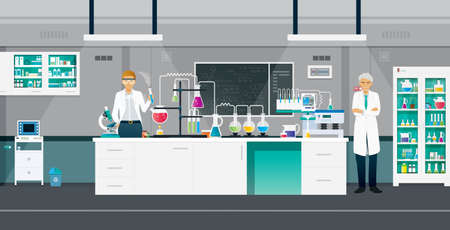 Scientists are doing chemistry experiments in the lab.のイラスト素材