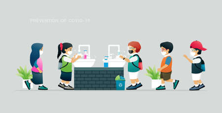 Student prevent COVID-19 by washing hands with soap.のイラスト素材