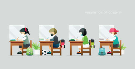 Students are studying strictly in accordance with COVID-19 prevention guidelines.のイラスト素材