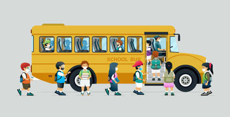 Students wearing masks to prevent infection are walking into a school bus.のイラスト素材